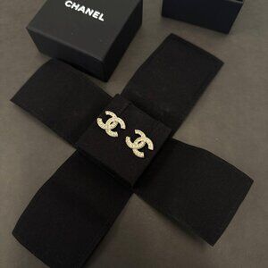Chanel Gold-Tone Crystal CC Logo Stud Earrings Jewelry Made In France